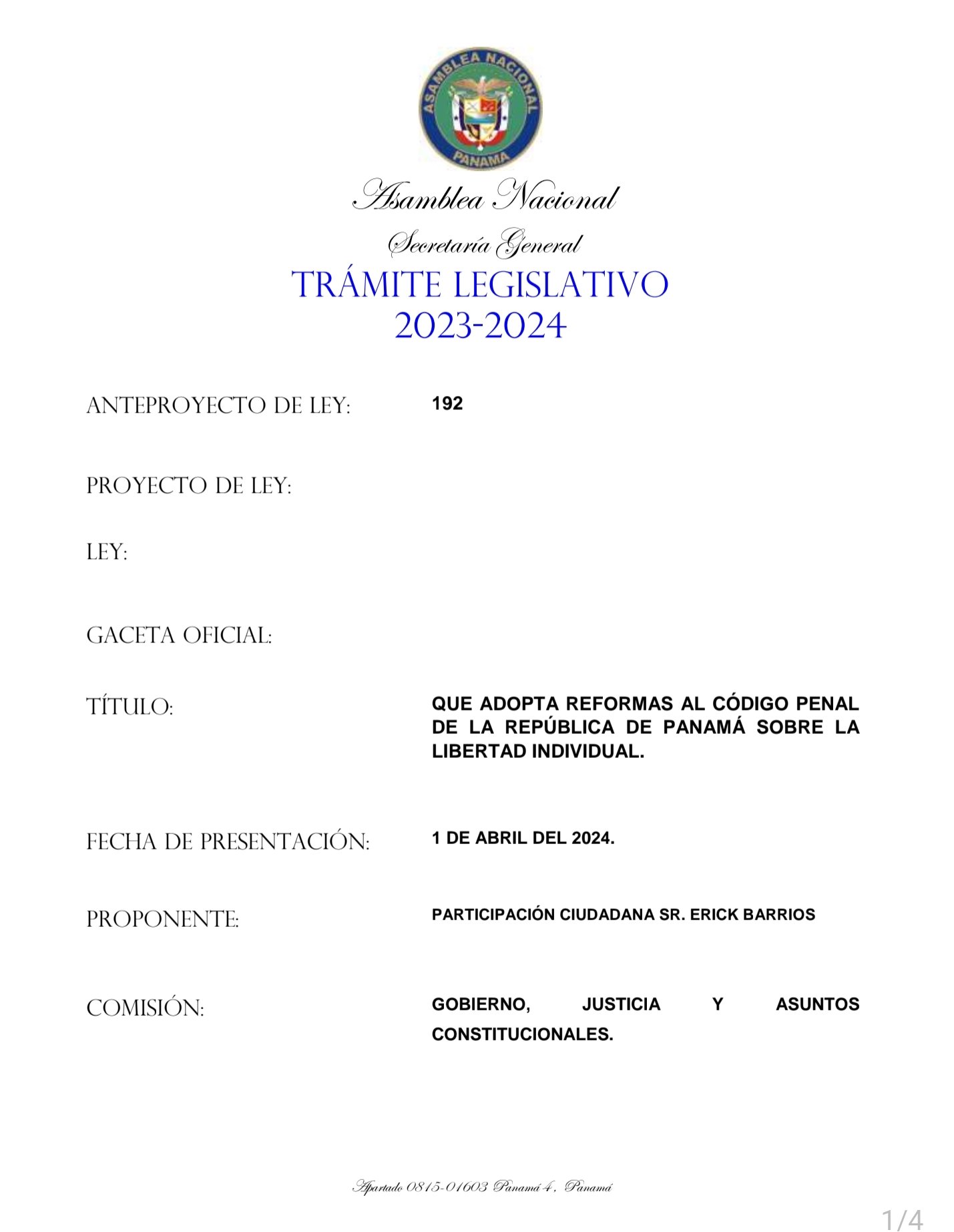 anteproyecto 192, del 1 de abril de 2024